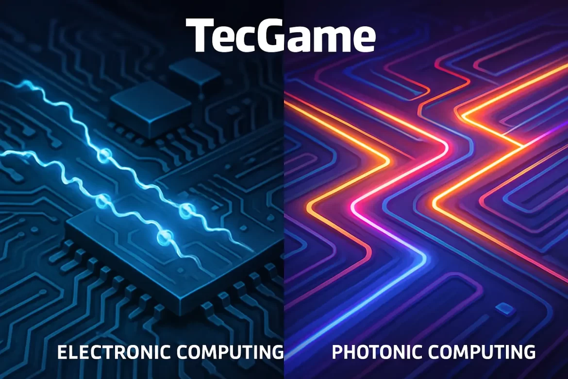 Comparação visual entre computação eletrônica (elétrons em circuitos) e computação fotônica (luz em guias de onda).