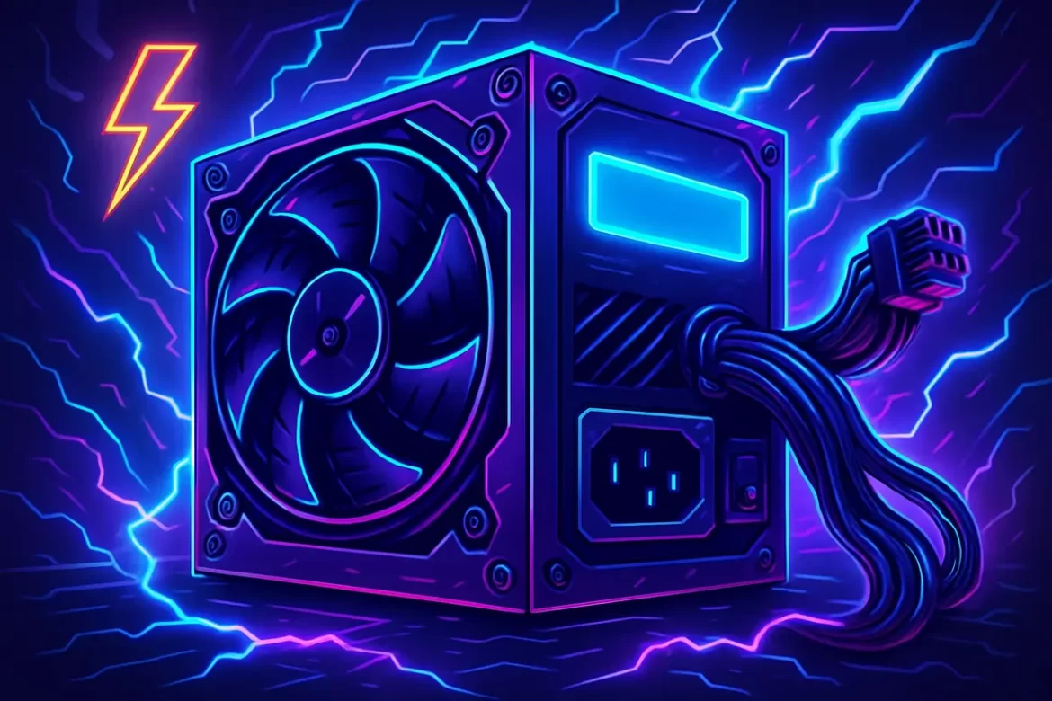 Fonte de alimentação de PC gamer com iluminação neon azul e roxa, raios de energia e design futurista, representando potência e eficiência.